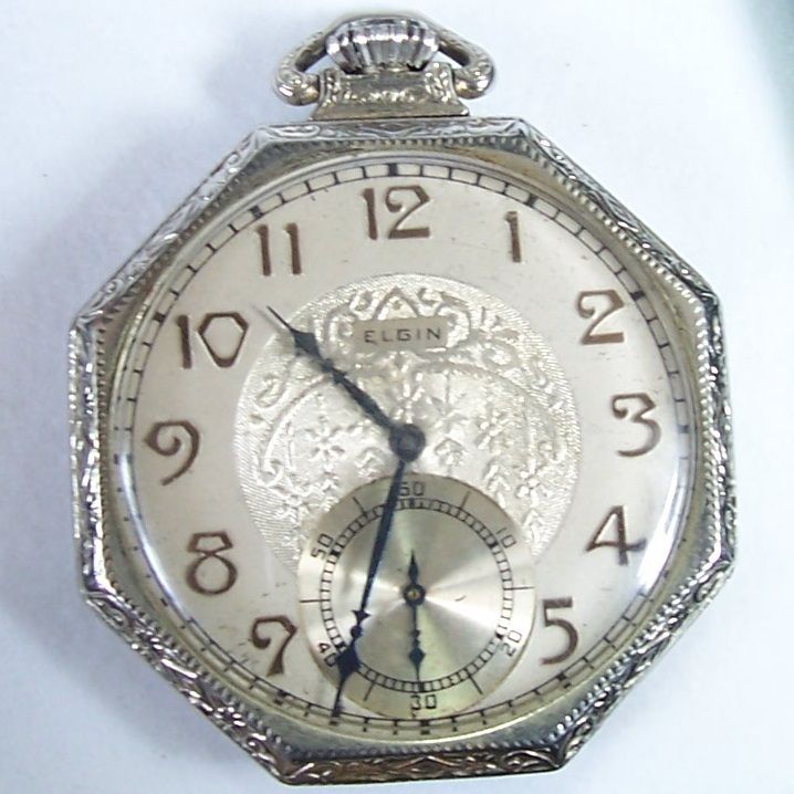 ELGIN TOOLED 14K WHT GLD POCKET WATCH OCTAGON 30414362  