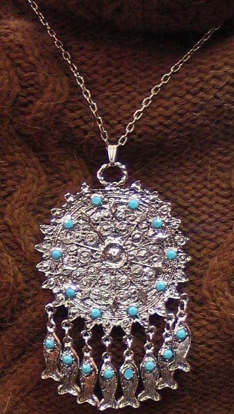 VINTAGE FAUX TURQUOISE BIG FISH MEDALLION NECKLACE BIG  