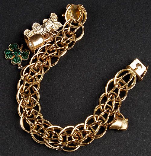   CHUNKY Gold Filled Chased LINKS Charm Bracelet 2 GOLD Charms  