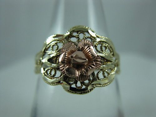 Estate 10k Yellow & Rose Gold Filigree Rose Ring  