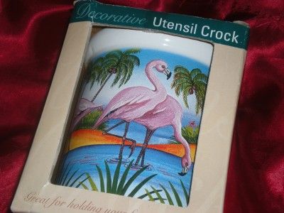 PINK FLAMINGO CERAMIC CANISTER KITCHEN UTENSIL CROCK  