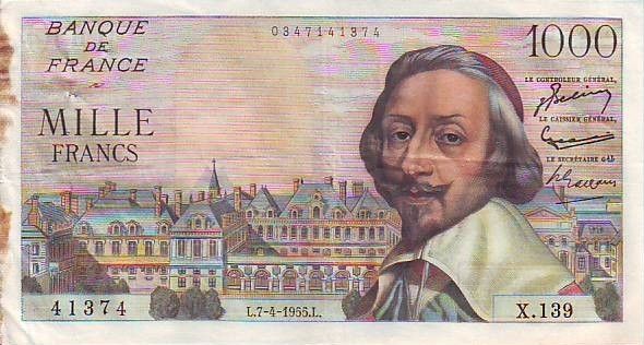 FRANCE 1000 F Richelieu 07 04 1955 X.139 TTB/VF  