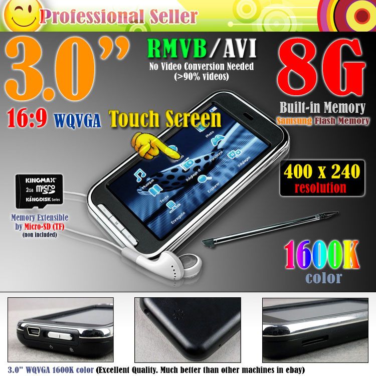 New 3.0 8GB  MP4 MP5 FM Touch Screen RMVB AVI  