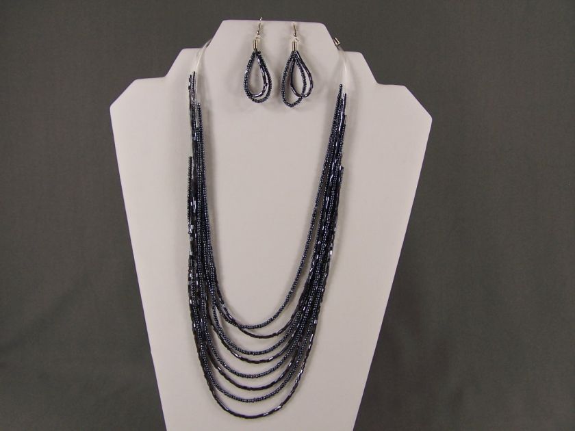 shiny metallic seed bead 8 strand bib multi line necklace beaded 