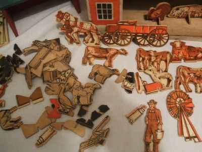 VINTAGE TOY WOODEN BARN, OUT BUILDINGS & FARM ANIMALS  