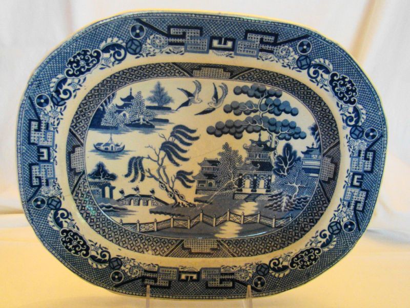 Early Staffordshire Crown Mark Blue Willow Platter 19th  