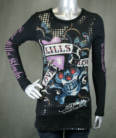 Ed Hardy Womens Long Sleeve Disco Love Kills Slowly T  