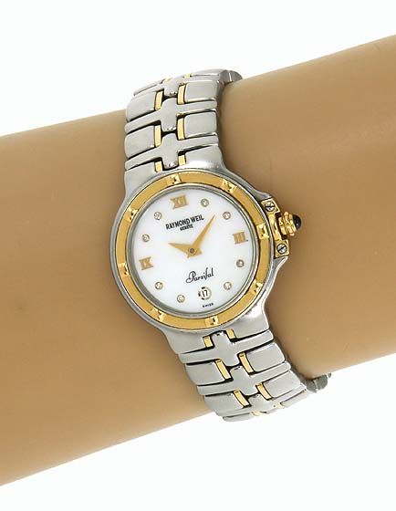 RAYMOND WEIL STAINLESS STEEL 18K GOLD DIAMOND MOP LADIES PARSIFAL 