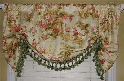   Balloon SHADE Valance Oriental Toile Fabric Pink Green Tassel Trim