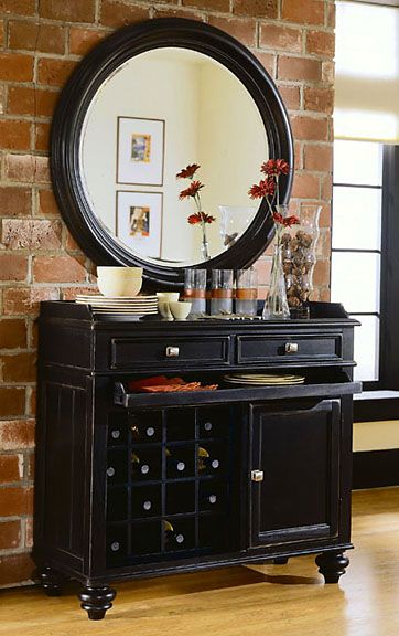 Distressed Black Wine Cabinet Sideboard w/ Mirror  